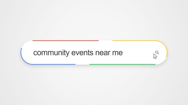 Typing Community Events Near Me Into Google Search Bar With Colorful Border And Rounded Corners. close-up shot