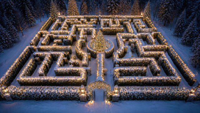 Aerial view of illuminated golden labyrinth maze design in dark setting with glowing center