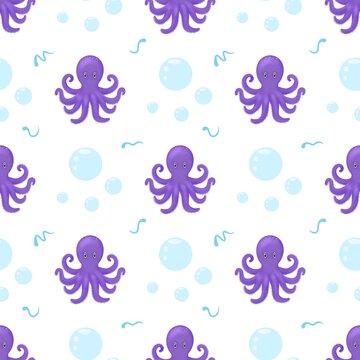 Purple Octopus Seamless Pattern. Octopus Ocean Seamless Background. Cute Octopus Marine Pattern