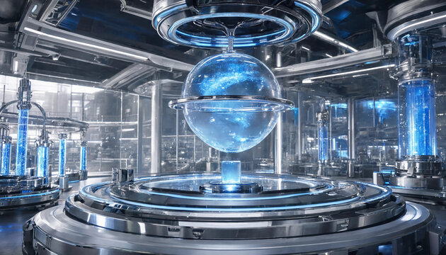 Futuristic laboratory interior featuring a central glowing blue energy sphere suspended within a complex metallic circular containment structure