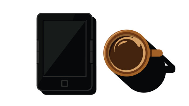 E-book reader device and hot coffee mug overhead minimalist vector for digital publishing marketing