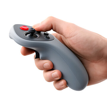 Hand Holding Grey Game Controller Joystick with Red Button 3D Render Isolated on Transparent Background