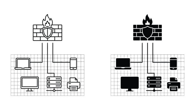 Computer network firewall protection concept icons set with firewall, security