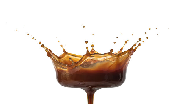 A detailed speed capture of a brown liquid splash forming a symmetrical crown shape, isolated on a solid black background, for visual use