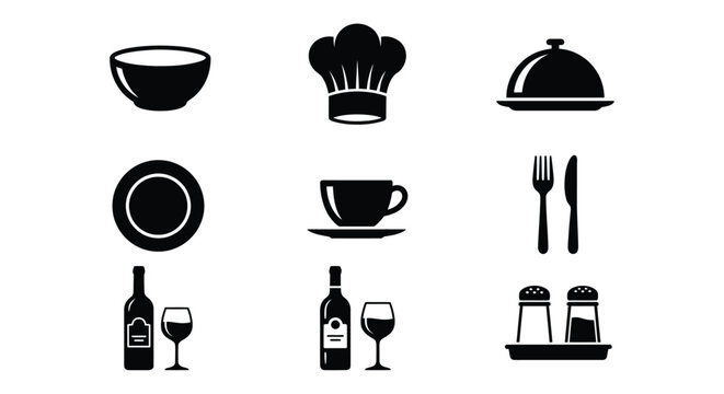 Restaurant related silhouettes against a white background bowl serving dish dinnerware chef hat toque cook covered platter plate dinner saucer teacup cutlery fork knife