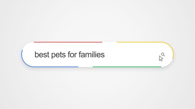 Typing Best Pets For Families Into A Search Engine On A Computer Interface. Close-up Shot