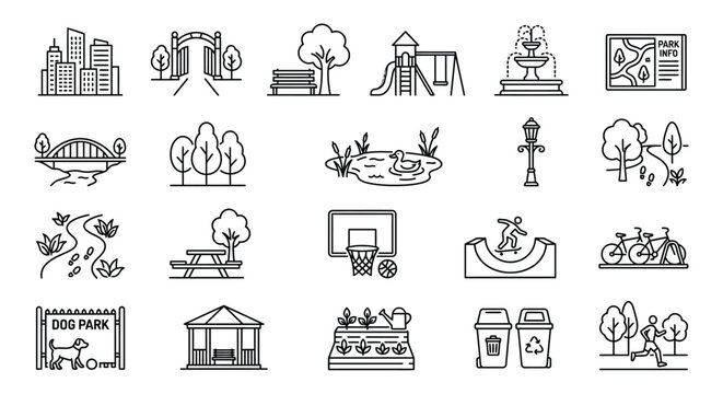 Park Icons Collection Black Line Art On White Background urban city green space outdoor recreation public landscape playground fountain map bridge trees bench duck