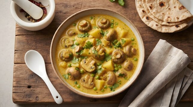 Homemade Indian Creamy Mushroom Curry With Peas Served On Wooden Table