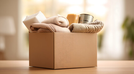 Donation Box Filled With Essential Supplies, Warm Textiles, And Household Items, Ready For Charity And Humanitarian Aid, Representing Generosity And Support For Those In Need