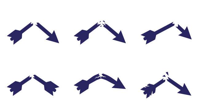 Six dark blue broken arrow on a wallpaper background, white background, illustrating, concepts of failure, redirection, interruption, and, obstacles in business, strategy, and analytical applications