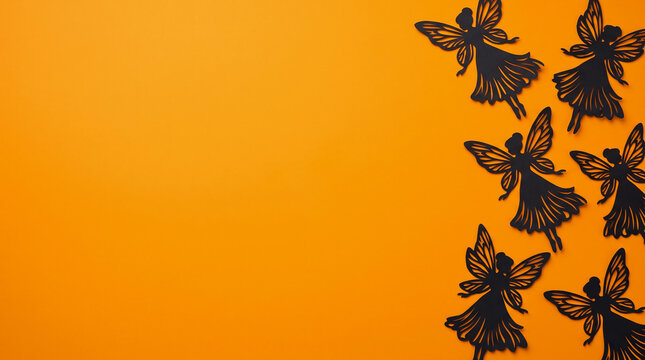 Halloween orange background featuring fairy paper cut out right border, copy space for magical Halloween party invitation, greeting card, banner, poster, flyer and autumn seasonal design