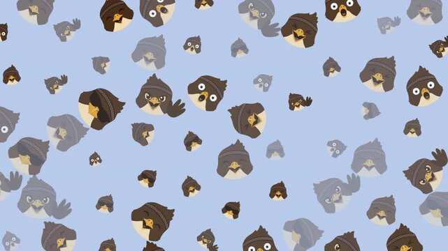 Seamless looping eagle mascot pattern animation featuring expressive cartoon eagle faces with traditional headband on a pastel blue background. Ideal for mascots, culture, and kids content.