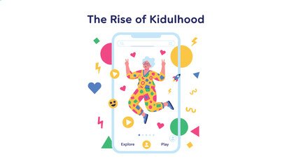 Fototapeta premium Modern mobile phone interface showing energetic elderly woman in colorful pajamas celebrating kidulhood lifestyle.