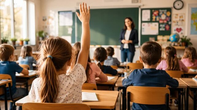 Young girl raising hand in classroom while teacher instructs students  