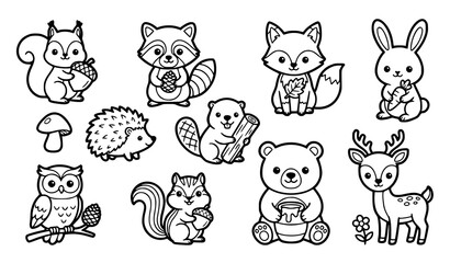 Obraz premium Cute Woodland Animal Collection with Squirrel Fox Rabbit Bear Deer and Owl Cartoon Illustration
