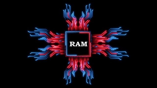 Glowing computer chip motherboard circuit board with RAM text motion.