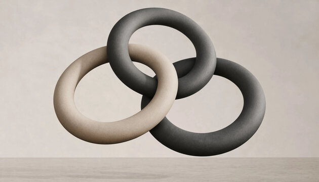 Three interlocking rings in beige and dark grey colors floating in mid-air against a plain neutral background, with soft lighting, and shadows