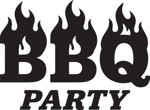 bbq party logo with flame lettering, barbecue typography vector, grill restaurant emblem, bbq festival badge design