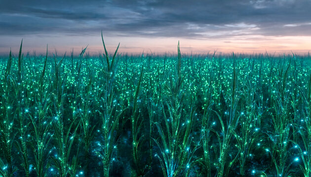 A vast field of tall grass illuminated by glowing cyan bioluminescent lights under a dramatic twilight sky with soft clouds at dusk