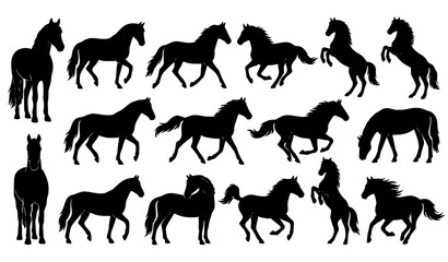 Horse Silhouette Collection with Running Standing Walking and Rearing Poses Vector Illustration Set © Songkari