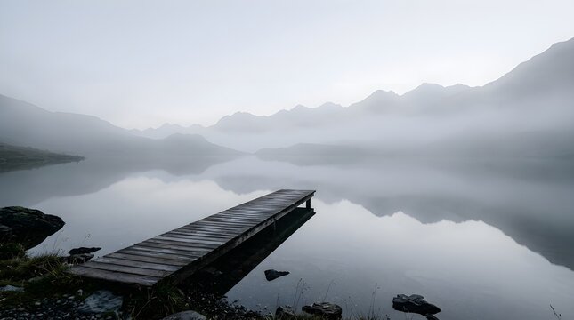 Wooden dock extending into a calm alpine lake surrounded by misty mountains