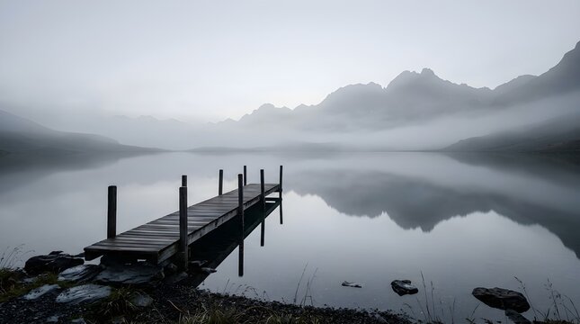 Wooden dock extending into a calm alpine lake surrounded by misty mountains in a serene and atmospheric landscape