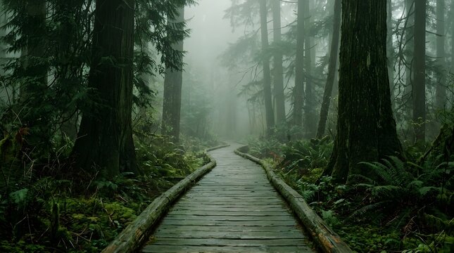 Empty wooden boardwalk path leading through a misty forest in the morning