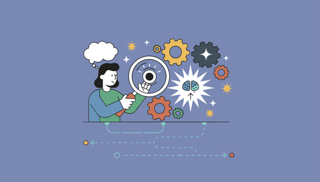 Businesswoman holding a magnifying glass analyzing gears and brain functions to optimize workflow and mental processes.