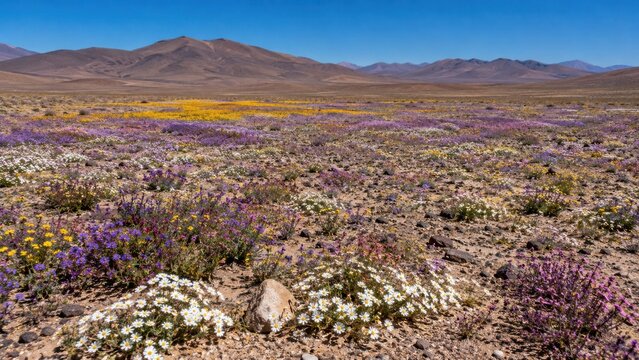 Vast Wildflower Meadow in Mountainous Countryside Under Clear Blue Sky