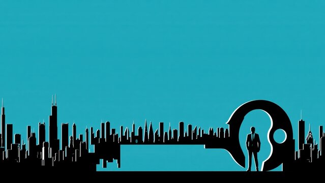 City skyline morphing into giant key with businessman silhouette.