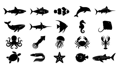 Obraz premium Marine Life Silhouette Collection with Fish Shark Dolphin Octopus Crab and Sea Creatures Vector