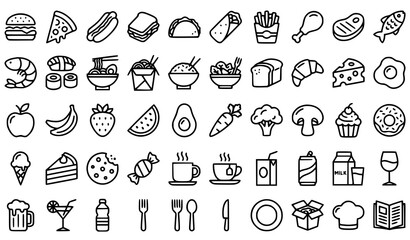 Naklejka premium Food and Beverage Icon Collection with Snacks Desserts Drinks and Kitchen Symbols Vector