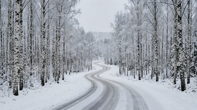 Winding road through a snowy birch forest during a cold winter day landscape