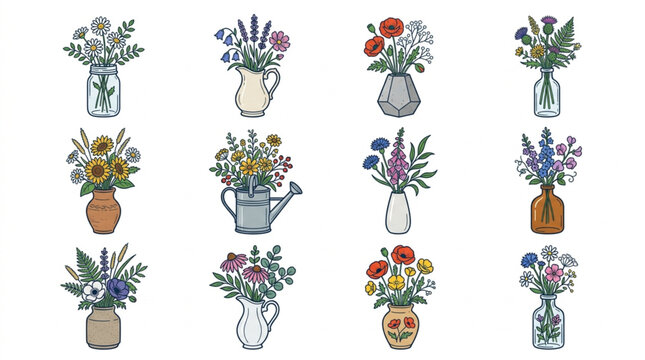 Colorful illustrated flower bouquets in various vases and pots.