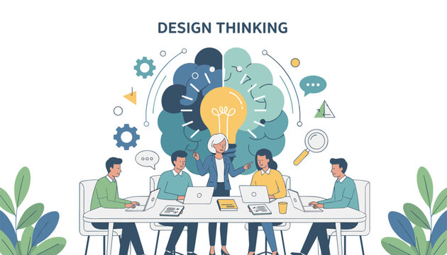 Business team collaborating on a design thinking process during a meeting in front of a large brain and lightbulb graphic.