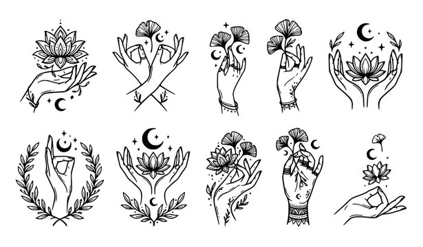 Mystical Floral Witchcraft Collection with Botanical Elements Moon Magic Hand Drawn Vector Illustration