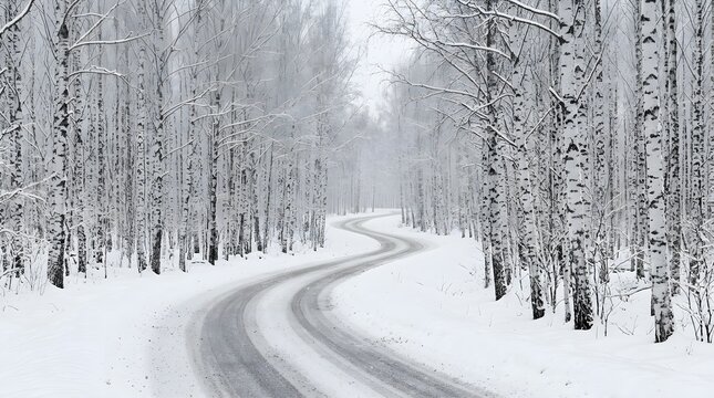 Winding road through a snowy birch forest during a cold winter day landscape