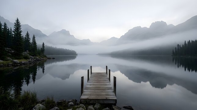 Wooden pier extending into a calm alpine lake with misty mountains at dawn