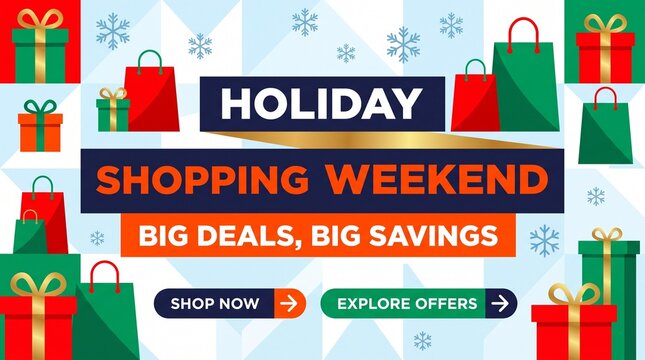 Holiday shopping weekend banner showcases festive gift boxes and colorful bags arranged against a light background with snowflakes for a winter sale promotion.