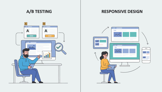 Web development infographic comparing website optimization through user A/B testing and responsive design across multiple devices.