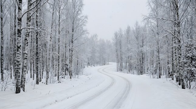 Winding road through a snowy birch forest during a cold winter day scene