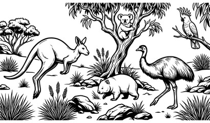 Fototapeta premium Australian Wildlife Scene Featuring Kangaroo Wombat Emu Koala and Native Birds Vintage Illustration