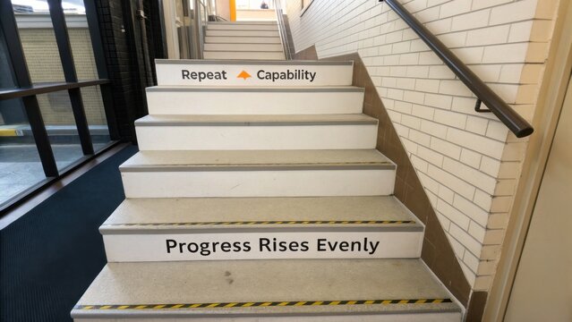 Motivational Message on Staircase Promoting Progress and Personal Growth in Modern Workspace Environment