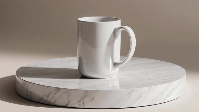 Blank White Ceramic Mug Rotating On Minimal Studio Platform