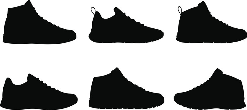 Sneaker silhouette set, athletic shoes, casual footwear, modern sport sneakers, vector illustration