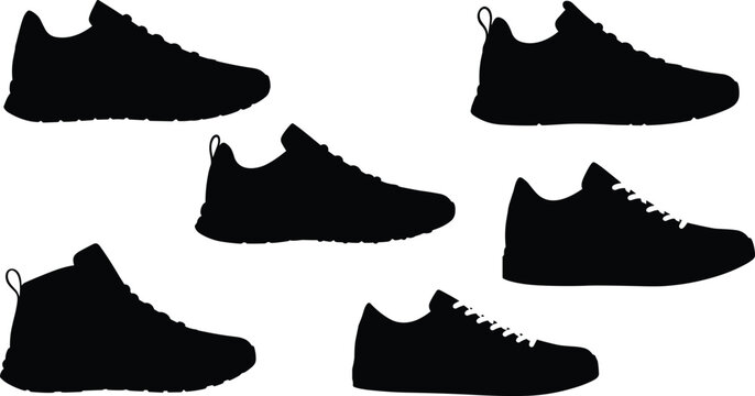 Sneaker silhouettes collection, casual footwear, running shoes, athletic trainer shoes, modern sport sneakers, vector illustration