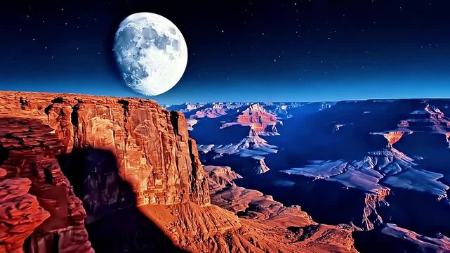 Scenic red rock canyon illuminated by soft light of massive moon against dark starry night sky creating mystical landscape resembling grand canyon scenery during peaceful evening hours concept