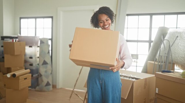 Woman smiling while holding a cardboard box inside a building packed with moving boxes and packing materials; joy moving day.