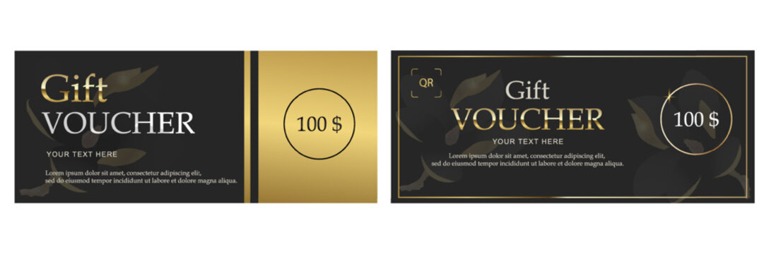 Gift voucher template set. Two elegant horizontal black and gold discount coupons with floral leaf patterns. Luxury vector layout for business, retail, beauty salon, or boutique.