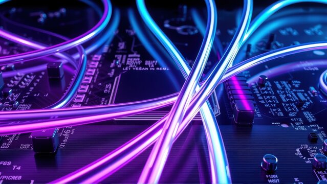 Complex circuitry, vibrant neon lights, futuristic design. Cables intertwine over motherboard components. Dark background enhances glow.